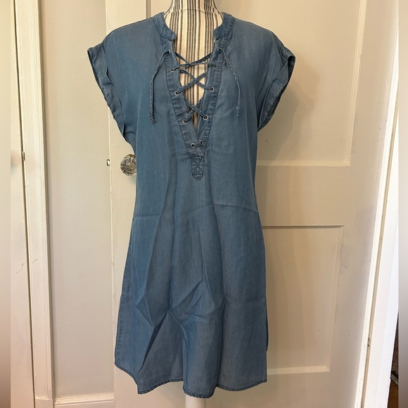 Want and Need Chambray Lace Up Dress - Picture 1 of 6